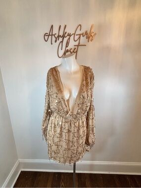 Luxe Gold-Sequin Mesh Top in Champagne Nude